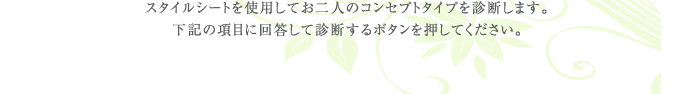 スタイルシートを使用してお二人のコンセプトタイプを診断します。下記の項目に回答して診断するボタンを押してください。